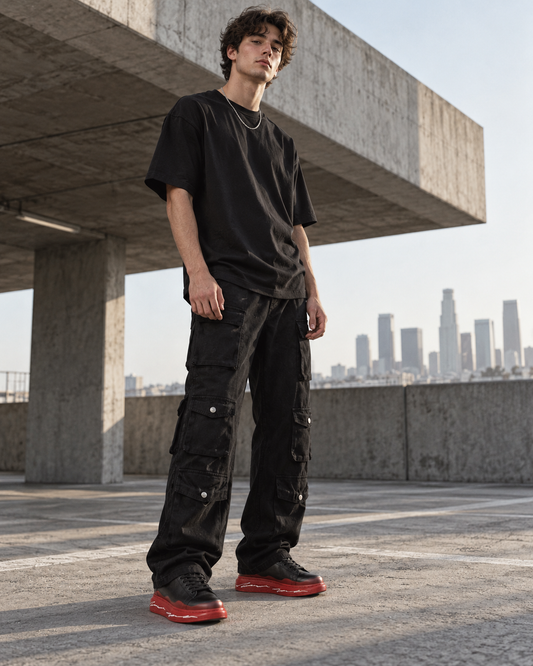 Gen Z male model wearing Ember Fade custom sneakers with black wide-leg cargo pants in Los Angeles