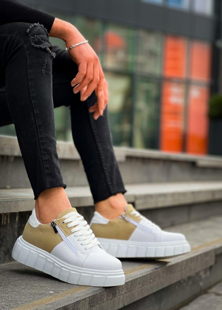 Men's Altair Camel by Apollo Moda, white and beige sneaker with side zipper, second angle